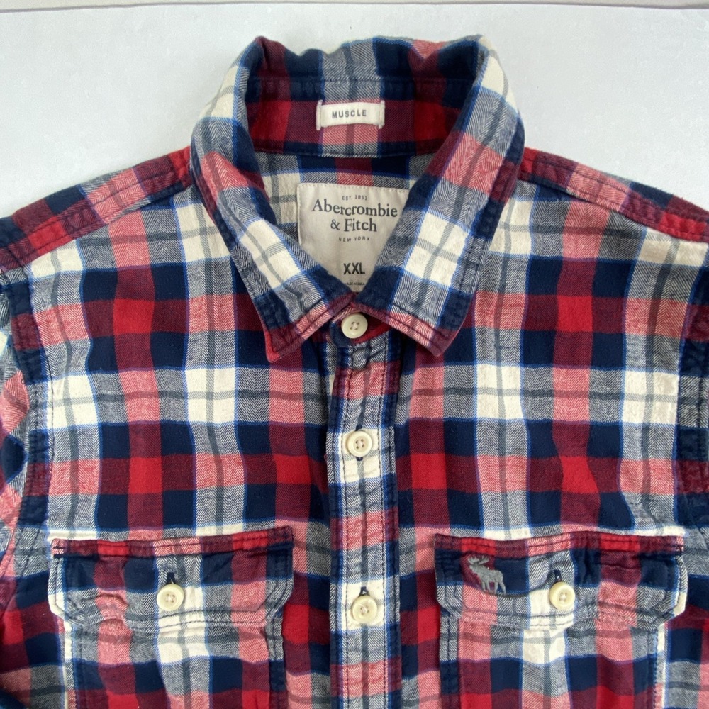 Abercrombie & Fitch A&F Mens XXL Flannel Plaid Muscle Fit Long Sleeve Moose Red - Picture 3 of 13